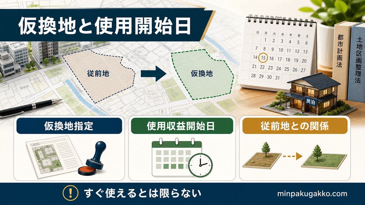 仮換地の指定と「使用収益開始日」——民泊の適法性との交差の要点を整理した図解