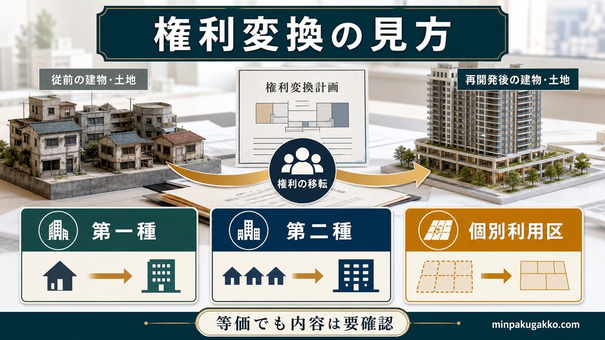 都市再開発法66条と権利変換——第一種・第二種の違いの要点を整理した図解