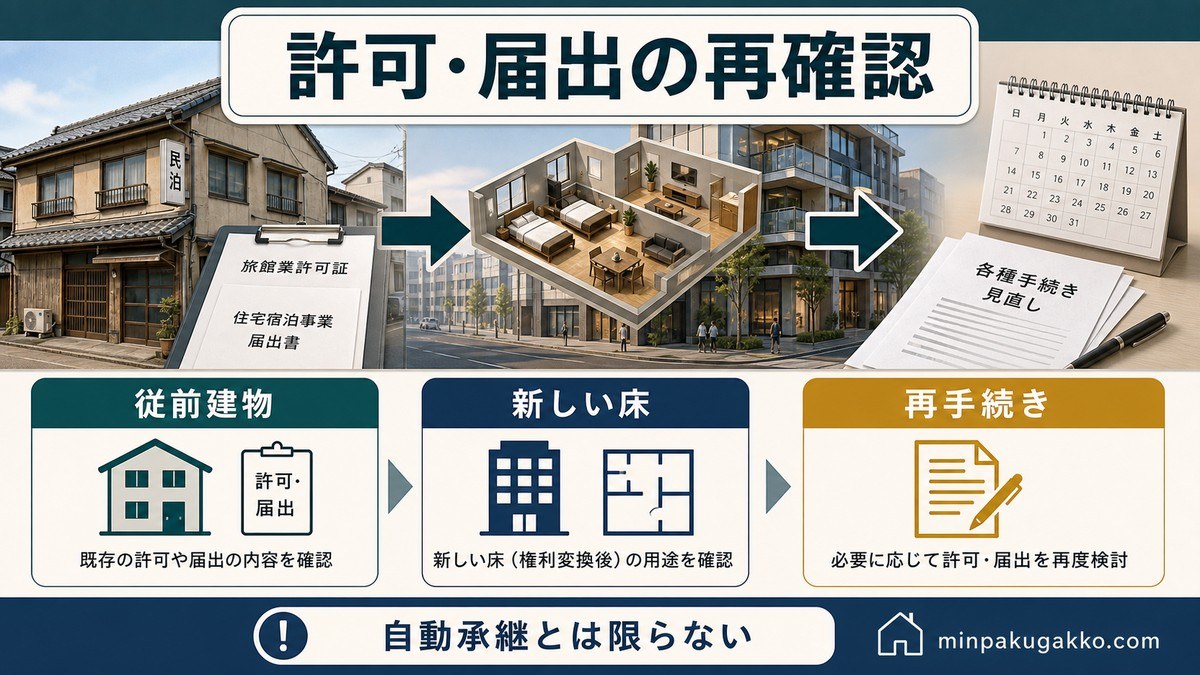 権利変換で民泊・旅館業の許可・届出はどうなるかの要点を整理した図解