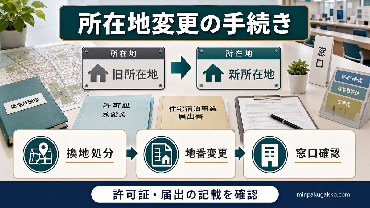 換地処分後の「所在地変更」と許可・届出の変更手続きの要点を整理した図解