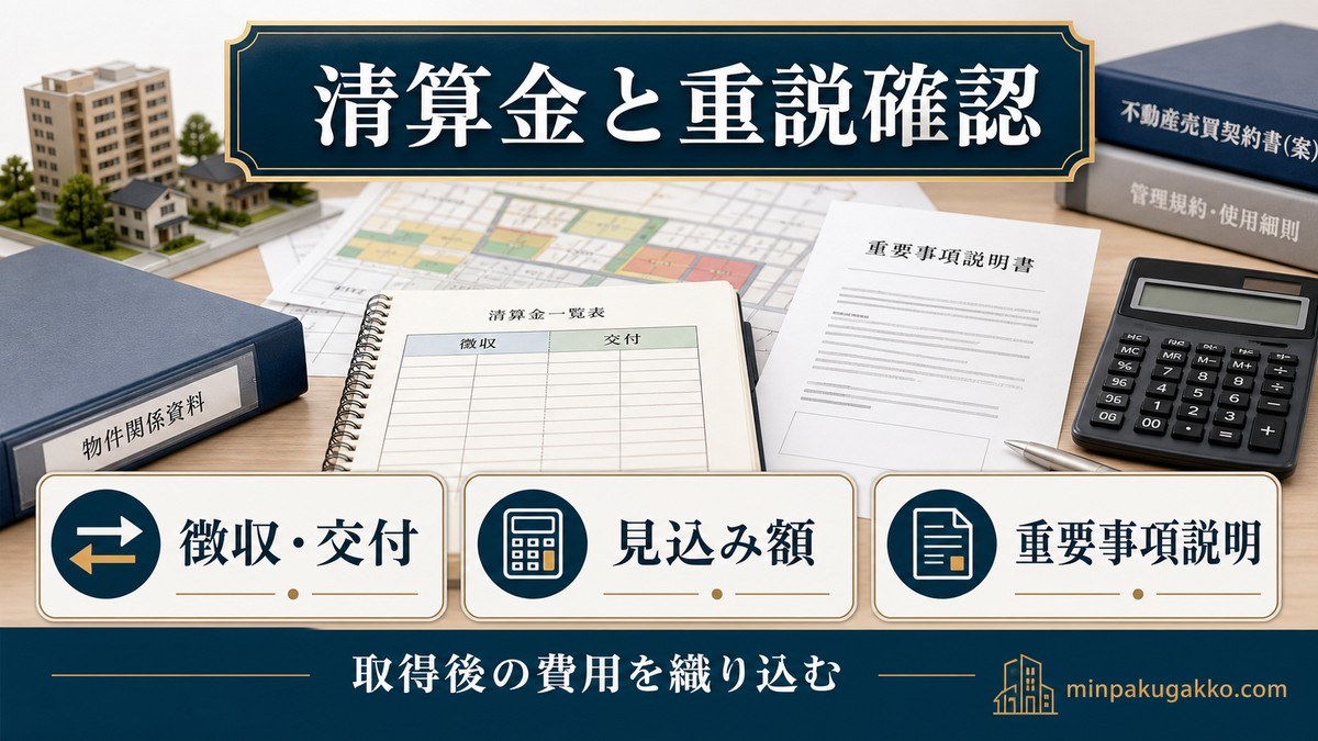 清算金と、施行地区内物件の重要事項説明の要点を整理した図解