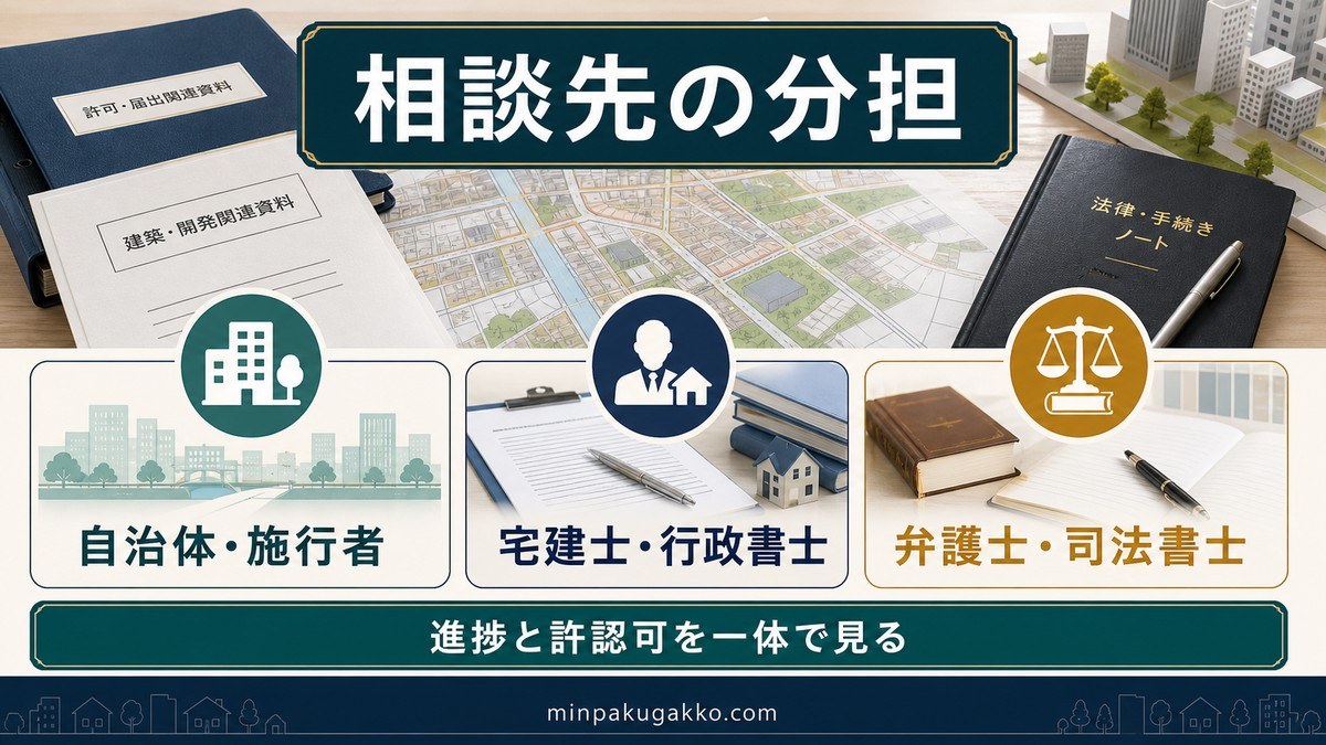 施行地区内物件で民泊を検討するときの専門家相談の要点を整理した図解