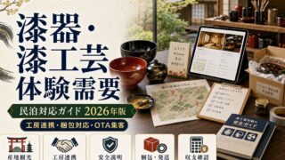 漆器・漆工芸体験需要に対応する民泊の工房連携、梱包対応、安全説明、OTA集客、収支確認、制度確認をまとめたアイキャッチ画像