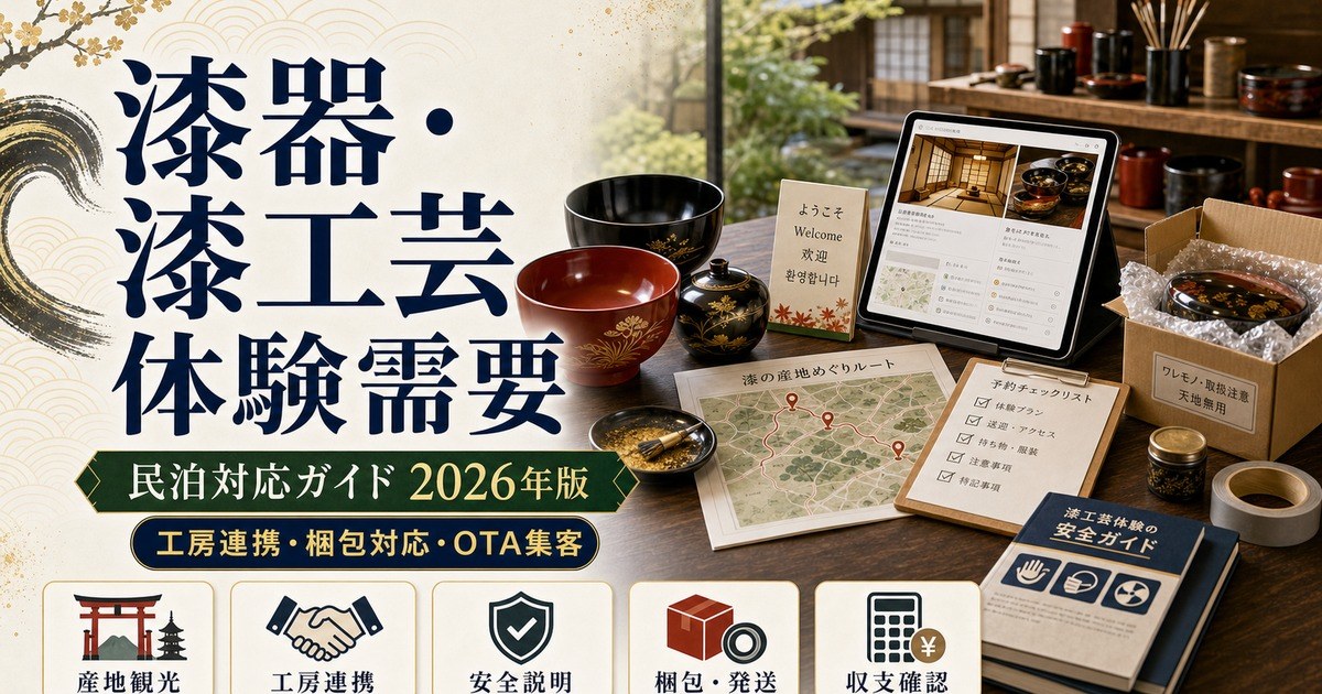 漆器・漆工芸体験需要に対応する民泊の工房連携、梱包対応、安全説明、OTA集客、収支確認、制度確認をまとめたアイキャッチ画像