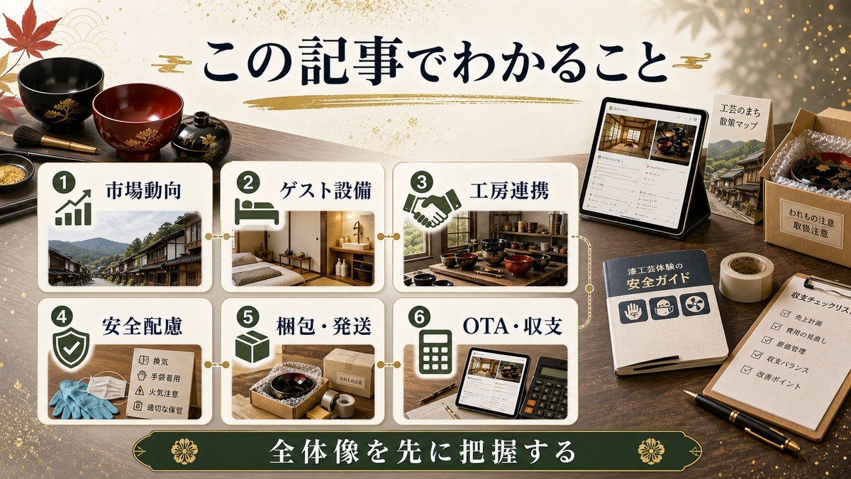 漆器・漆工芸体験需要の記事全体で扱う市場動向、ゲスト設備、工房連携、安全配慮、梱包・発送、OTA・収支をまとめた図解