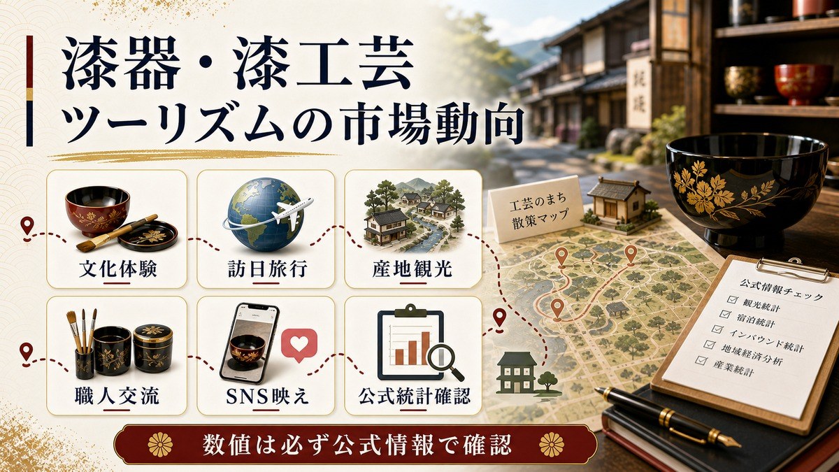漆器・漆工芸ツーリズムの市場動向を文化体験、訪日旅行、産地観光、職人交流、SNS映え、公式統計確認で整理した図解