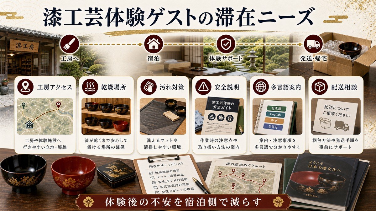 漆工芸体験ゲストの滞在ニーズを工房アクセス、乾燥場所、汚れ対策、安全説明、多言語案内、配送相談で整理した図解