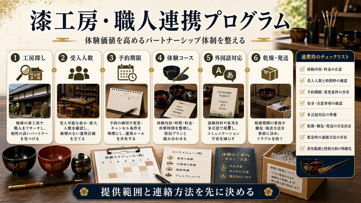 漆工房や職人との連携プログラムを工房探し、受入人数、予約期限、体験コース、外国語対応、乾燥・発送で整理した図解