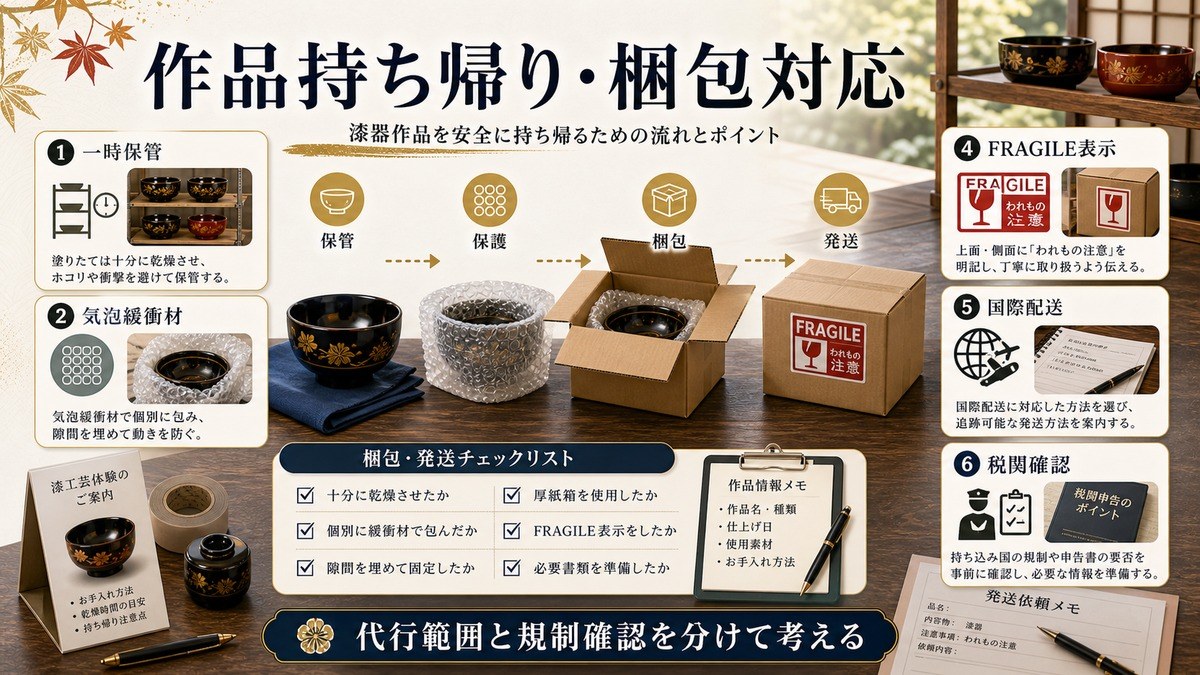 漆器作品の持ち帰りと梱包対応を一時保管、気泡緩衝材、厚紙箱、FRAGILE表示、国際配送、税関確認で整理した図解