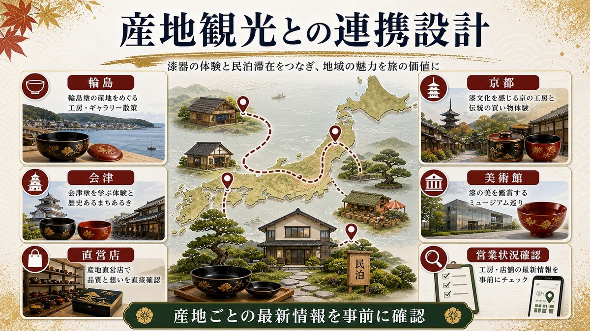 産地観光との連携設計を輪島、会津、京都、美術館、直営店、営業状況確認で整理した図解