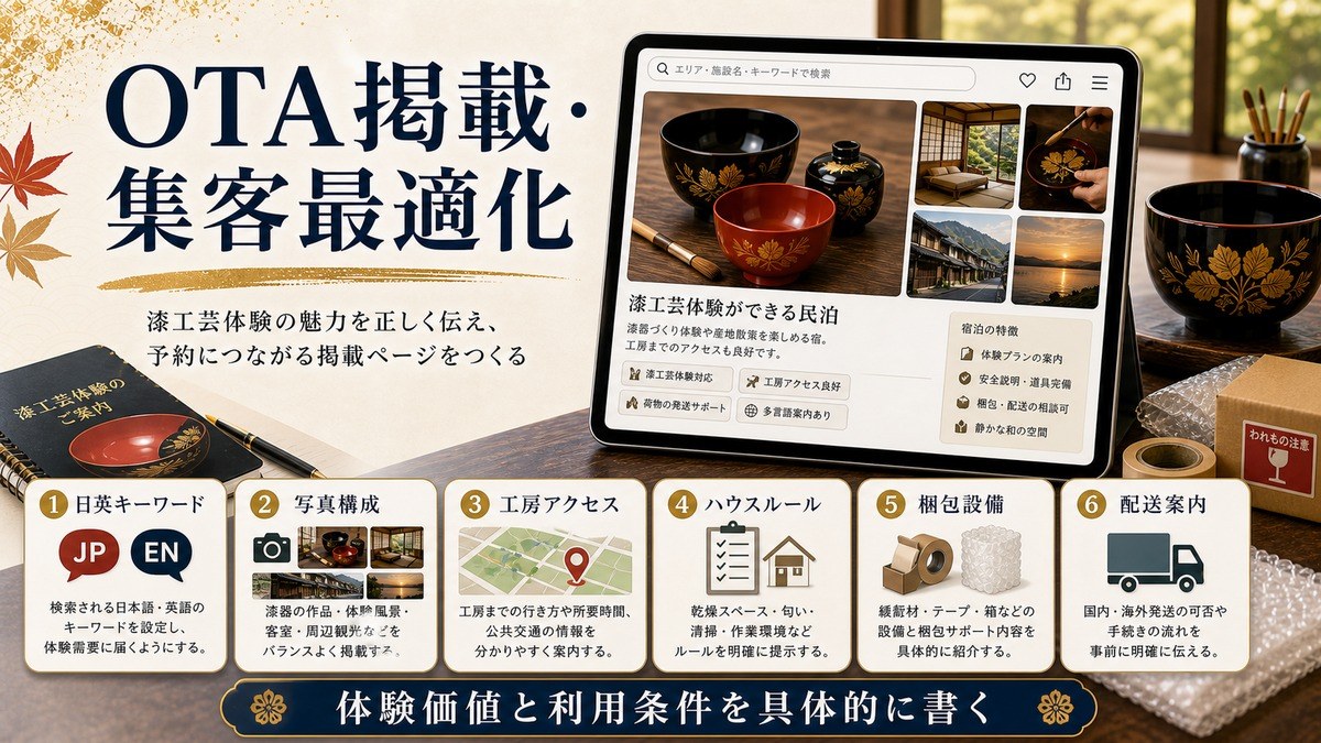 OTA掲載・集客最適化を日英キーワード、写真構成、工房アクセス、ハウスルール、梱包設備、配送案内で整理した図解