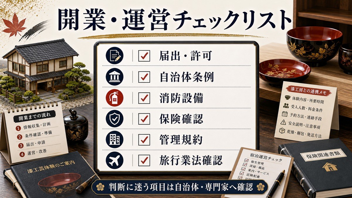 開業と運営の実務チェックを届出・許可、自治体条例、消防設備、保険確認、管理規約、旅行業法確認で整理した図解