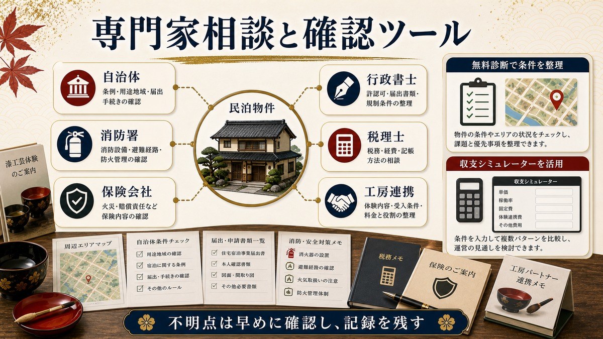 専門家相談と確認ツールを自治体、行政書士、消防署、税理士、保険会社、工房連携で整理した図解