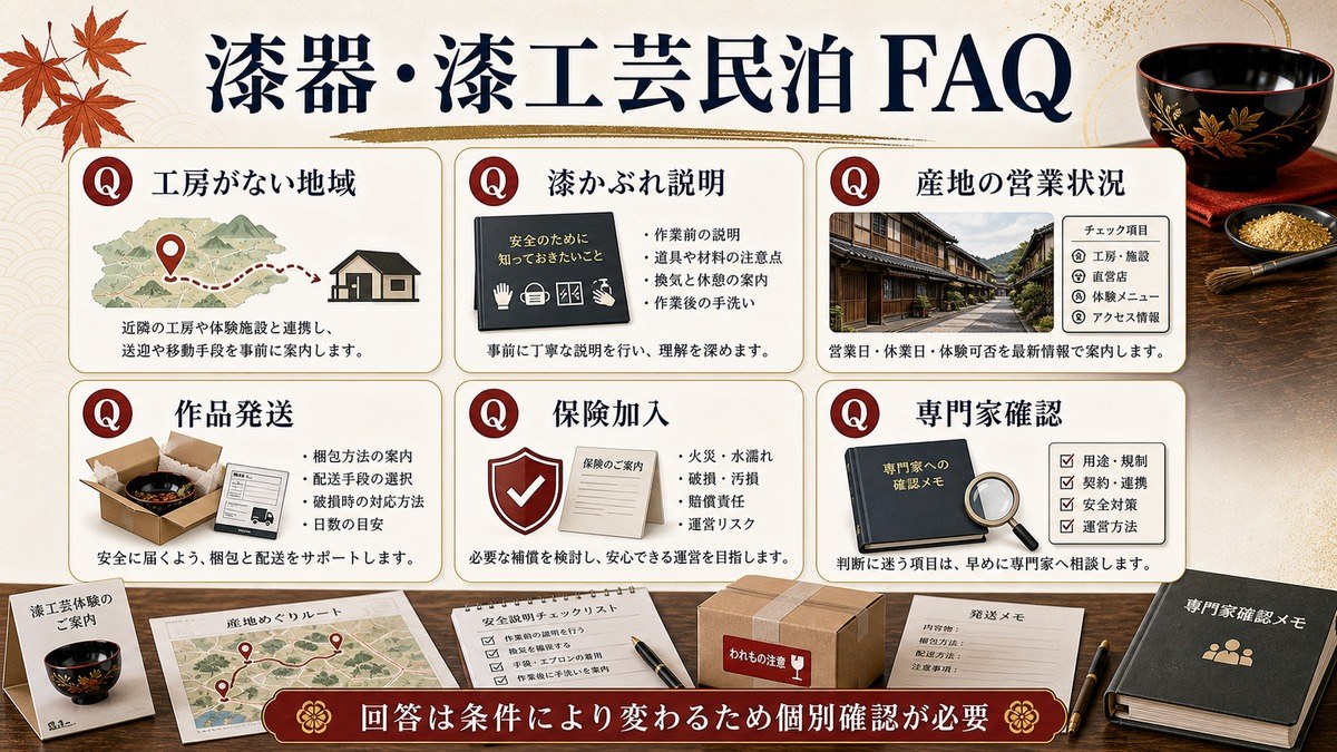漆器・漆工芸民泊のFAQを工房がない地域、漆かぶれ説明、産地の営業状況、作品発送、保険加入、専門家確認で整理した図解