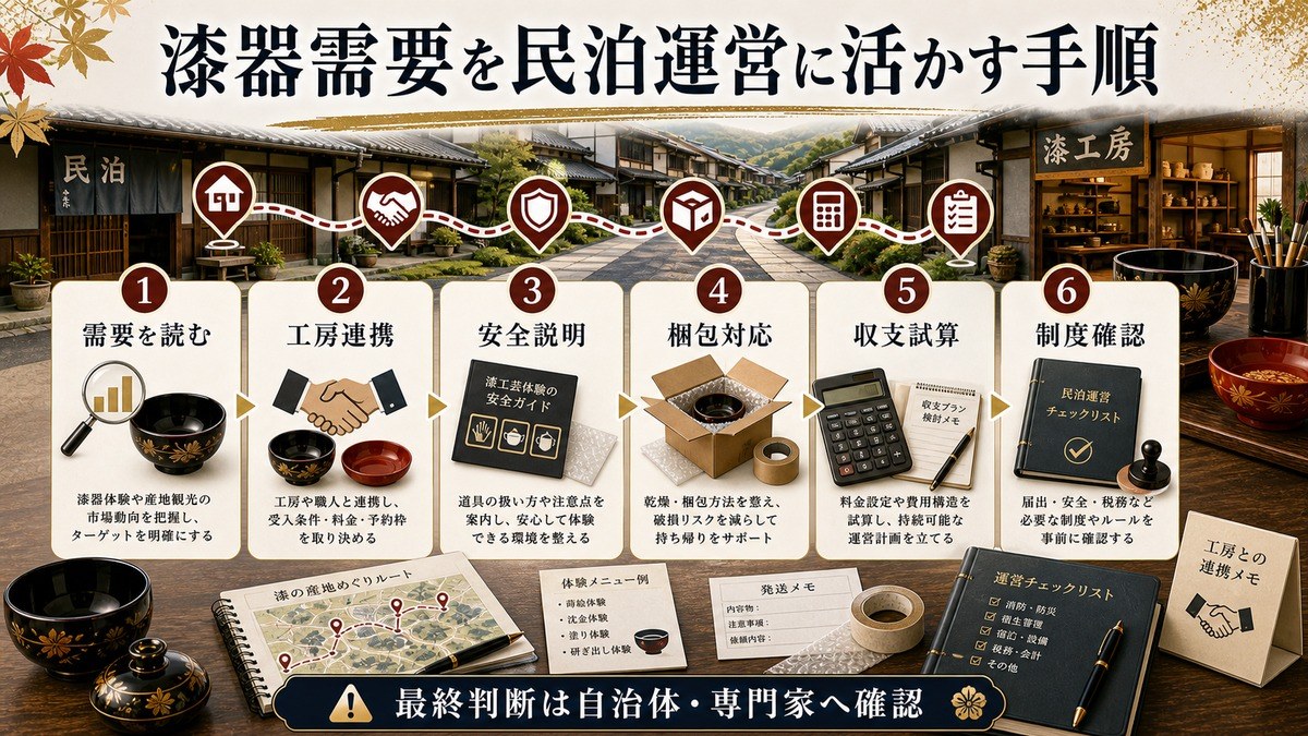 漆器需要を民泊運営に活かす手順を需要を読む、工房連携、安全説明、梱包対応、収支試算、制度確認で整理した図解