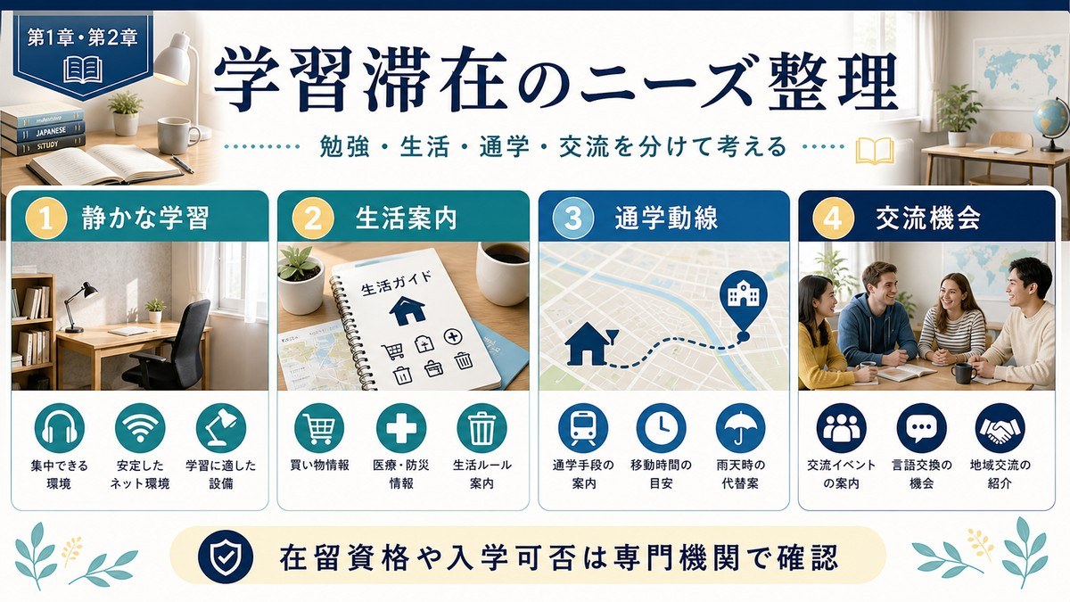 語学留学生の学習滞在ニーズを静かな学習、生活案内、通学動線、交流機会で整理した図