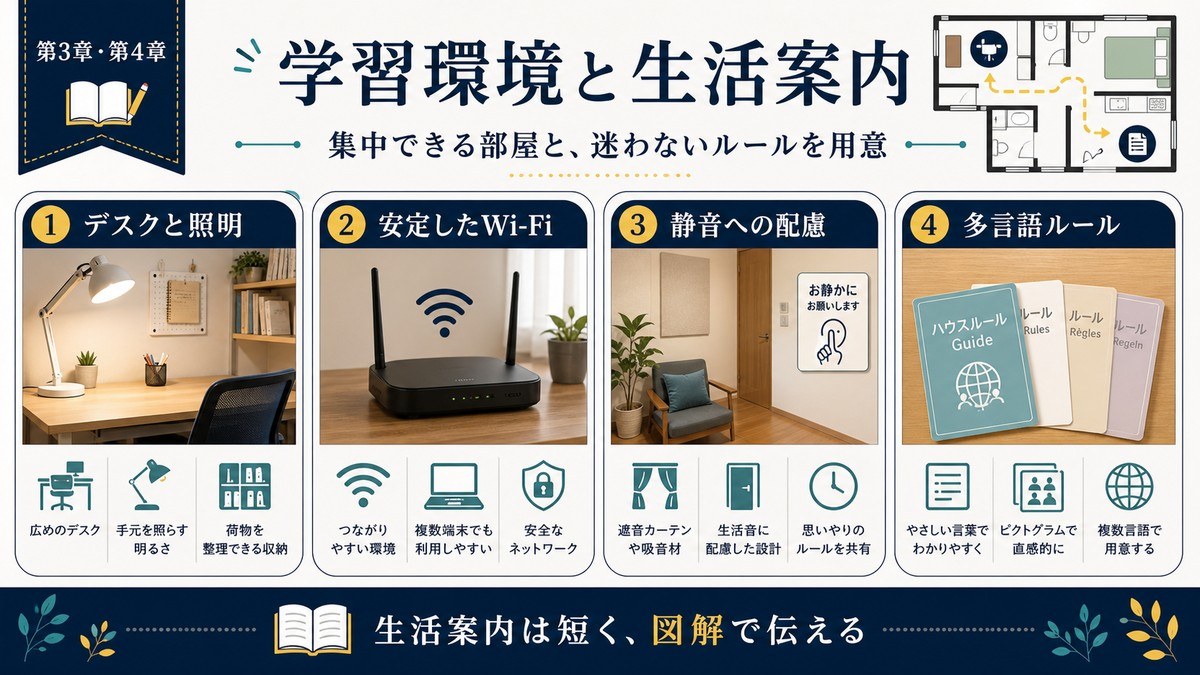 語学留学生向けの学習環境と生活案内をデスク、Wi-Fi、静音配慮、多言語ルールで整理した図