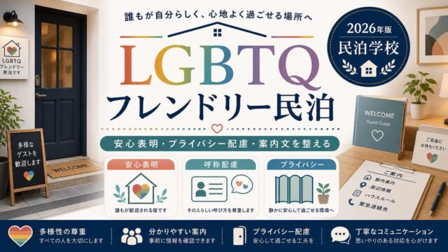 LGBTQフレンドリー民泊の安心表明、呼称配慮、プライバシーを整理した図