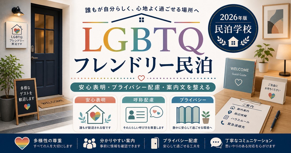 LGBTQフレンドリー民泊の安心表明、呼称配慮、プライバシーを整理した図