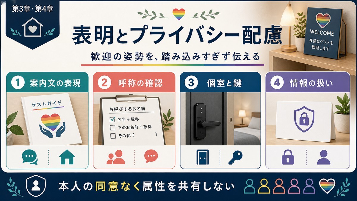 LGBTQフレンドリー民泊の表明とプライバシー配慮を案内文、呼称確認、個室と鍵、情報の扱いで整理した図