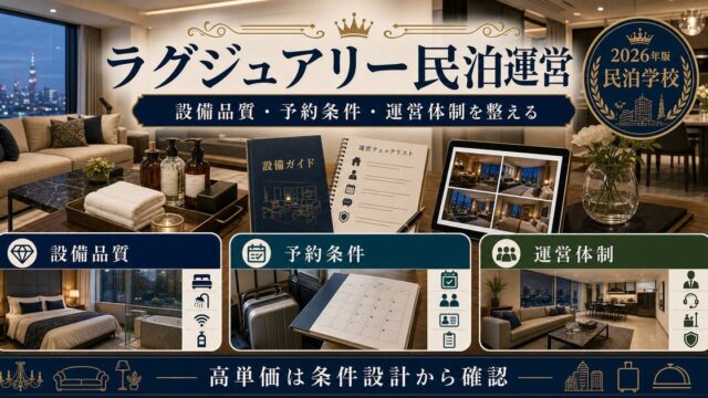 ラグジュアリー民泊運営の設備品質、予約条件、運営体制を整理した図