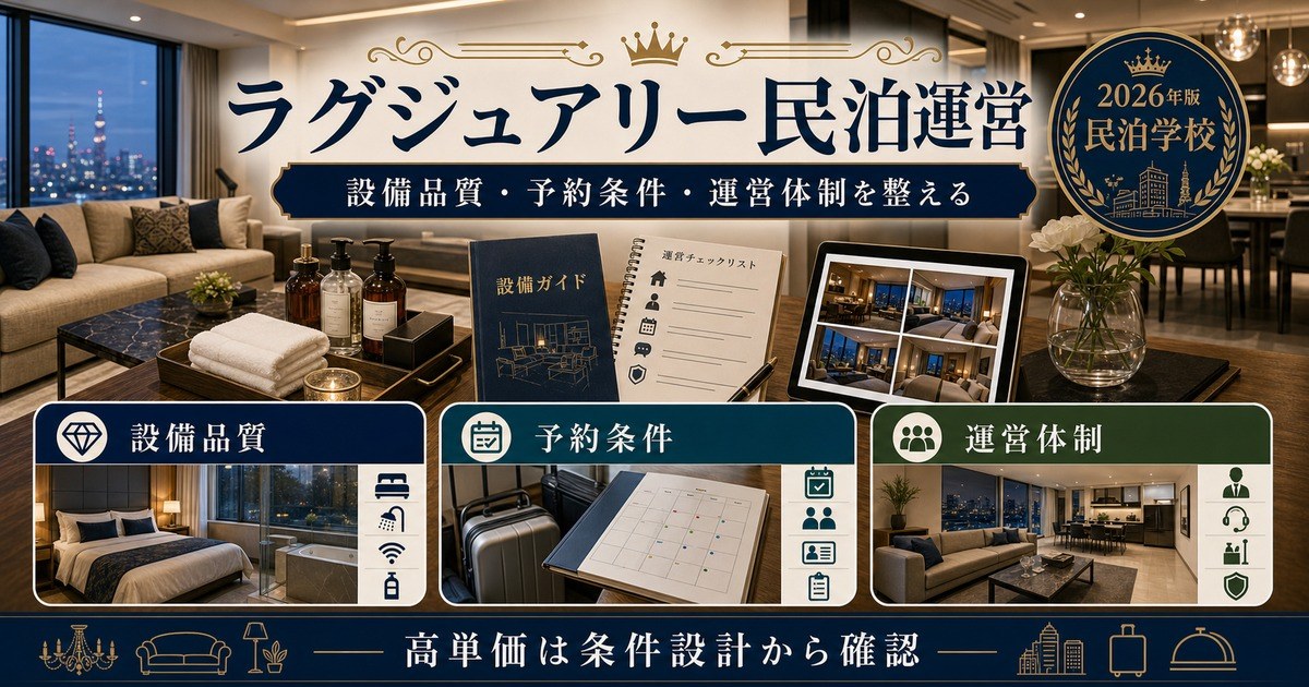 ラグジュアリー民泊運営の設備品質、予約条件、運営体制を整理した図