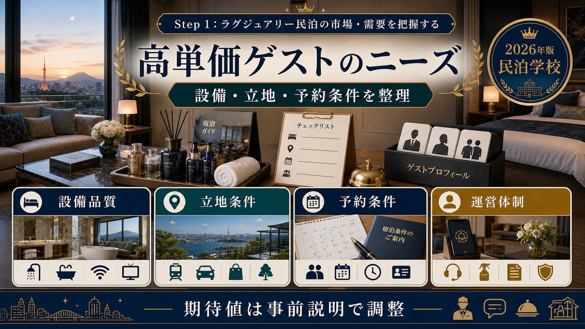 高単価ゲストのニーズを設備品質、立地条件、予約条件、運営体制で整理した図