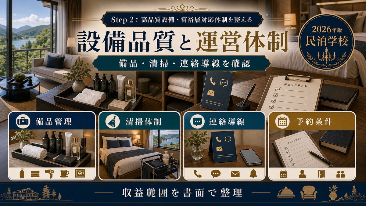 ラグジュアリー民泊の設備品質と運営体制を備品管理、清掃体制、連絡導線、予約条件で整理した図