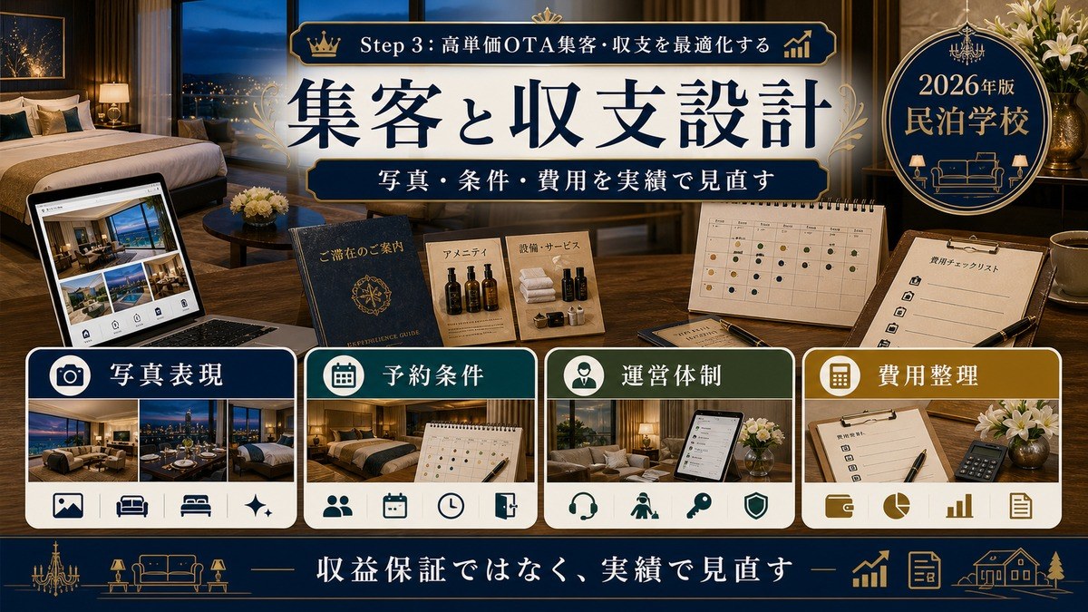 ラグジュアリー民泊の集客と収支設計を写真表現、予約条件、運営体制、費用整理で示した図