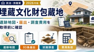 埋蔵文化財包蔵地で遺跡地図・93条届出・試掘調査・費用負担を民泊や旅館業の物件取得前に確認する図解