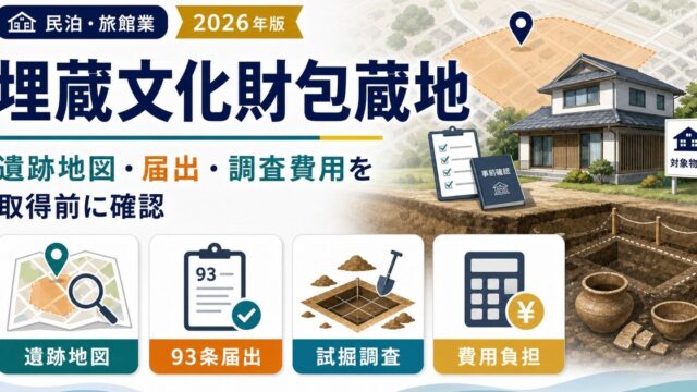埋蔵文化財包蔵地で遺跡地図・93条届出・試掘調査・費用負担を民泊や旅館業の物件取得前に確認する図解