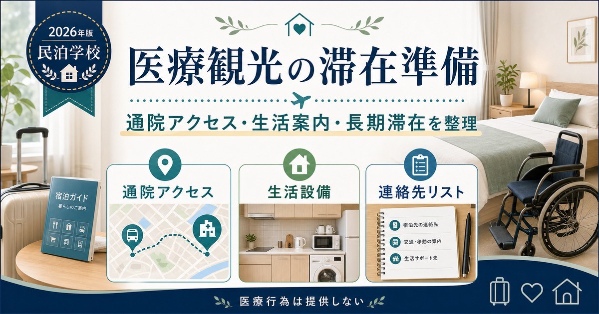 医療観光の滞在準備を通院アクセス、生活設備、連絡先リストで整理した図