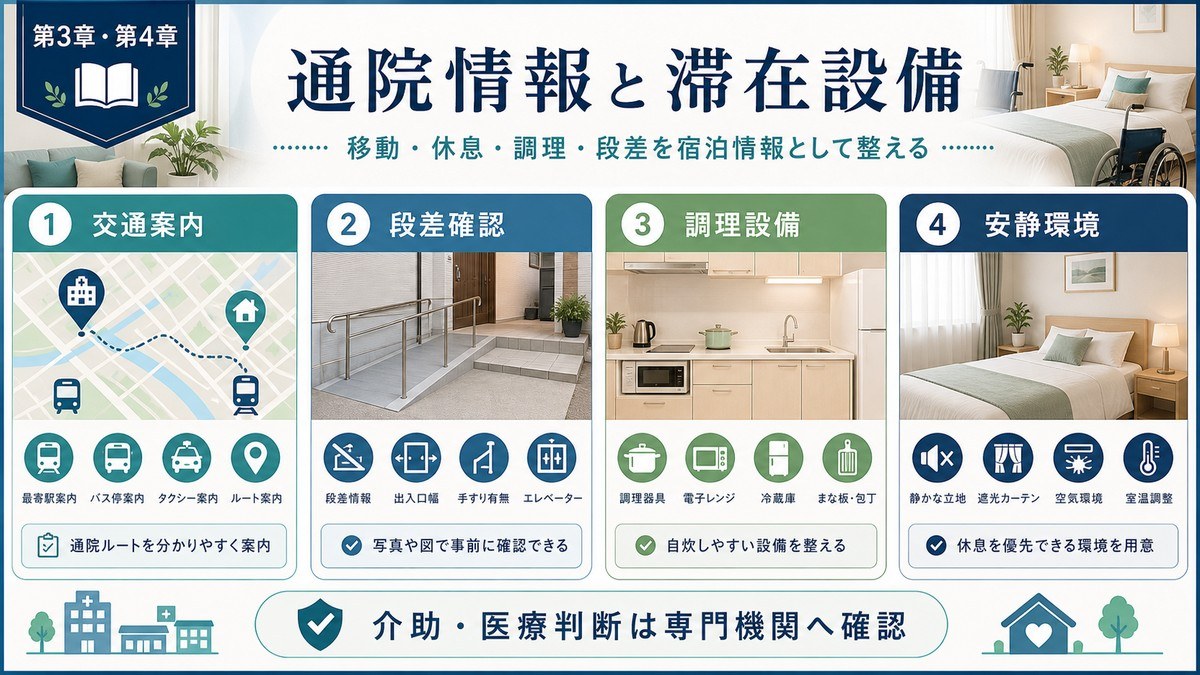 医療観光滞在の通院情報と滞在設備を交通案内、段差確認、調理設備、安静環境で整理した図