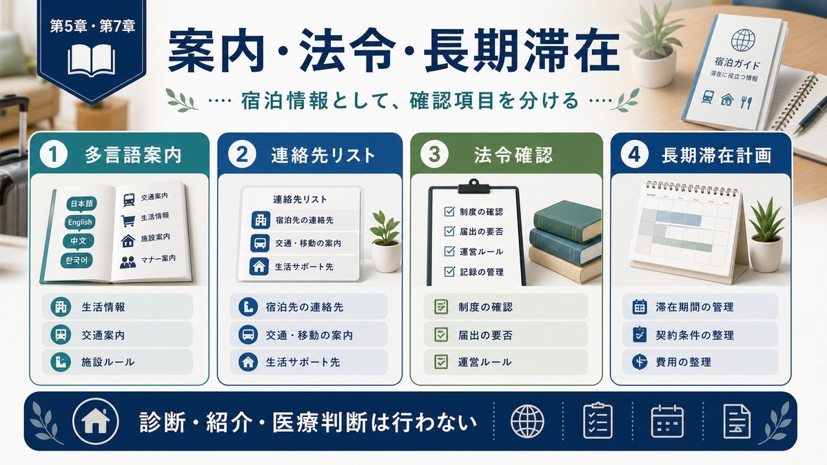 医療観光滞在の案内、法令、長期滞在を多言語案内、連絡先リスト、法令確認、長期滞在計画で整理した図