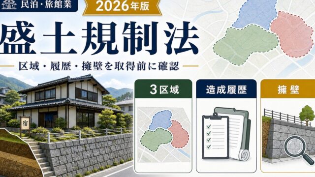 盛土規制法の区域・造成履歴・擁壁を民泊や旅館業の物件取得前に確認する図解