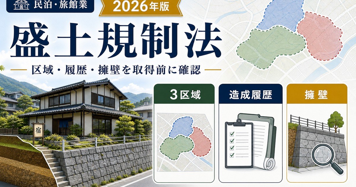 盛土規制法の区域・造成履歴・擁壁を民泊や旅館業の物件取得前に確認する図解