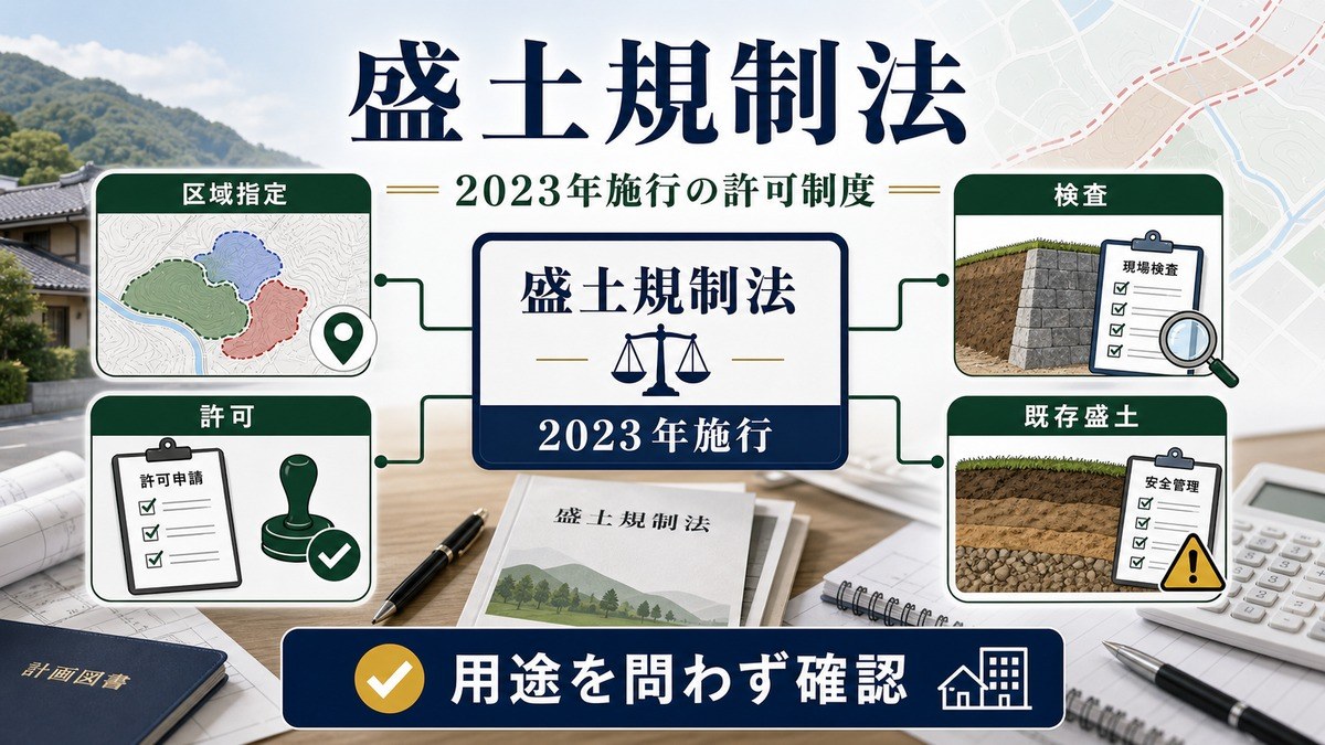 盛土規制法が2023年施行の許可制度で区域指定・許可・検査・既存盛土を確認する図解