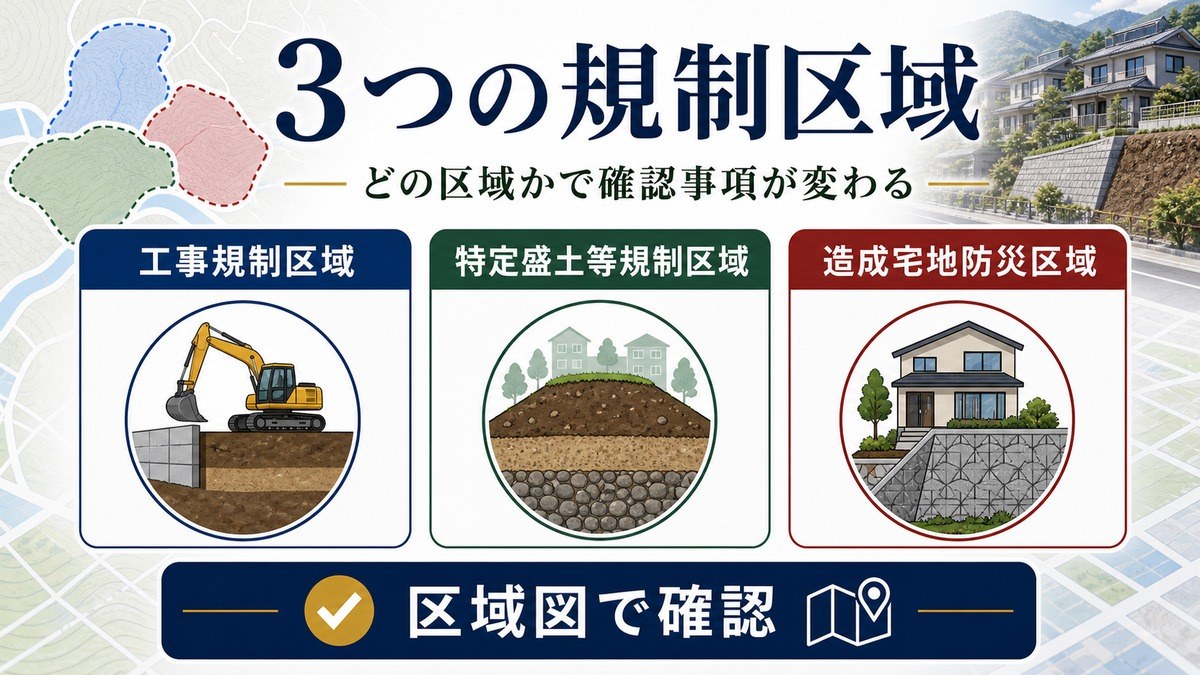 盛土規制法の工事規制区域・特定盛土等規制区域・造成宅地防災区域を整理した図解