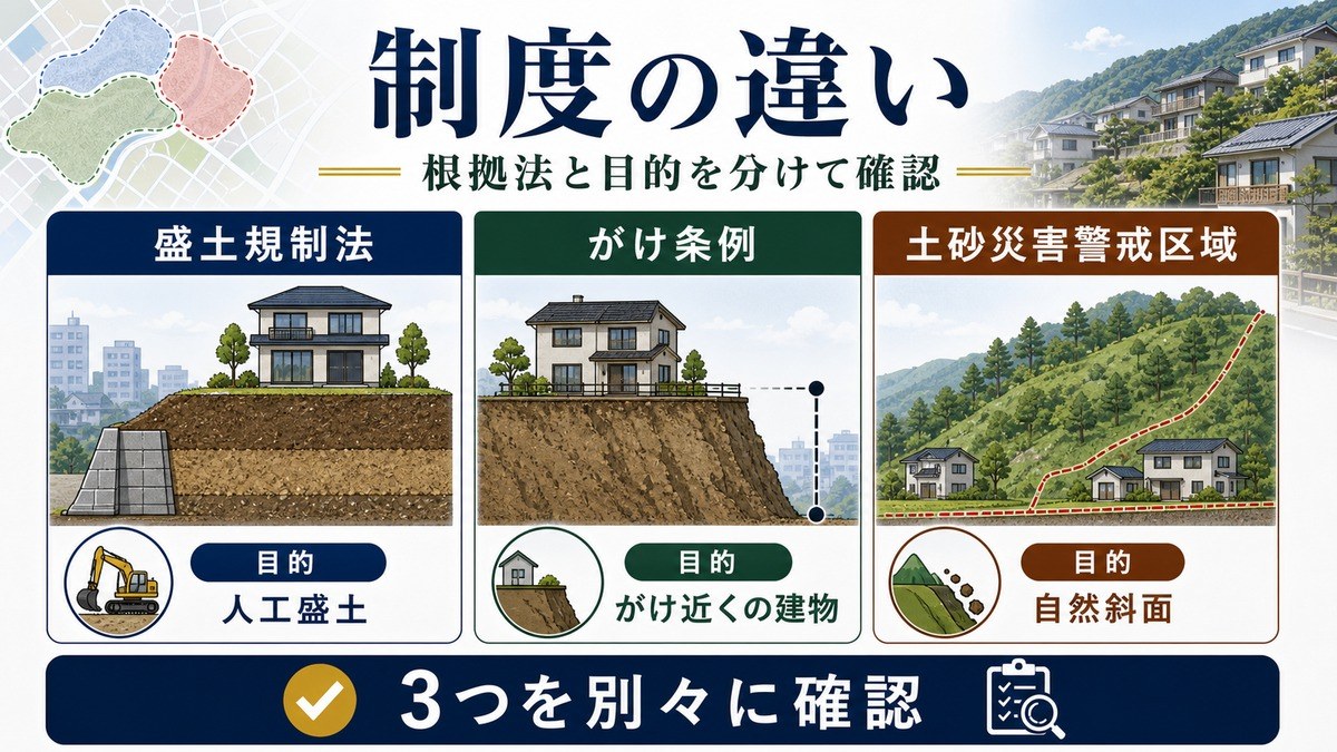 盛土規制法・がけ条例・土砂災害警戒区域の根拠法と目的の違いを整理した図解