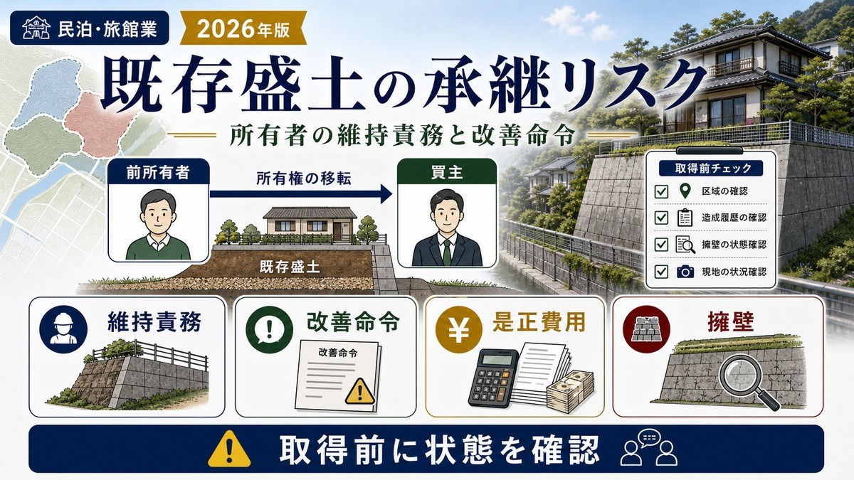 既存盛土の承継リスクとして維持責務・改善命令・是正費用・擁壁を確認する図解