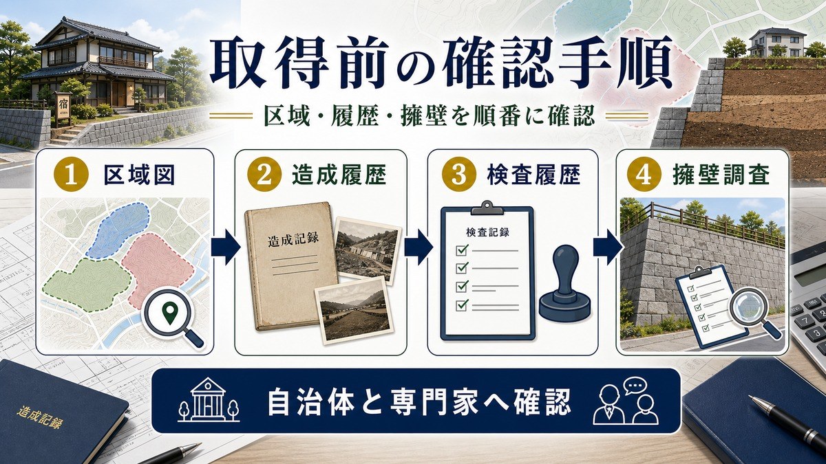 取得前に区域図・造成履歴・検査履歴・擁壁調査を順番に確認する図解