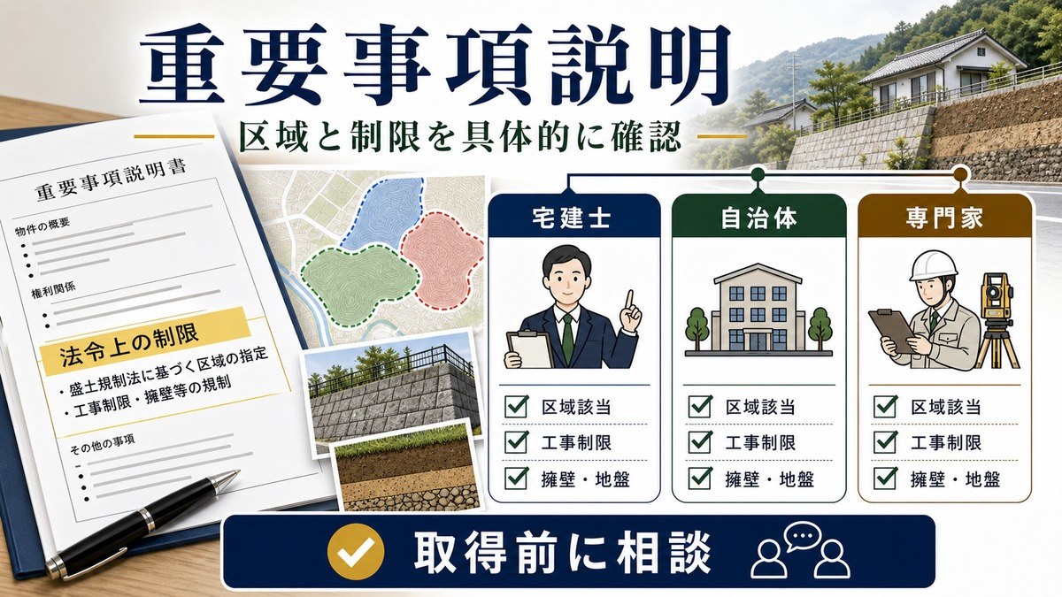 重要事項説明で法令上の制限・区域該当・工事制限・擁壁地盤を確認する図解