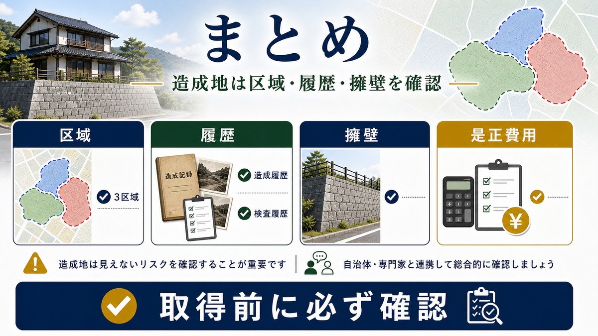 造成地は3区域・造成履歴・検査履歴・擁壁・是正費用を取得前に確認するまとめ図解