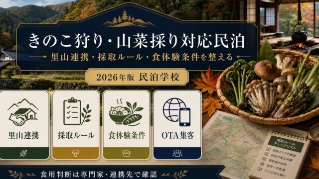 きのこ狩り・山菜採り対応民泊の里山連携、採取ルール、食体験条件、OTA集客を整理した図