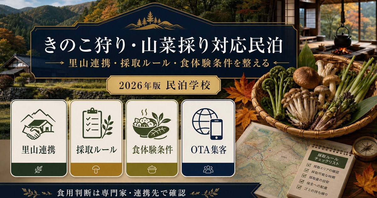 きのこ狩り・山菜採り対応民泊の里山連携、採取ルール、食体験条件、OTA集客を整理した図