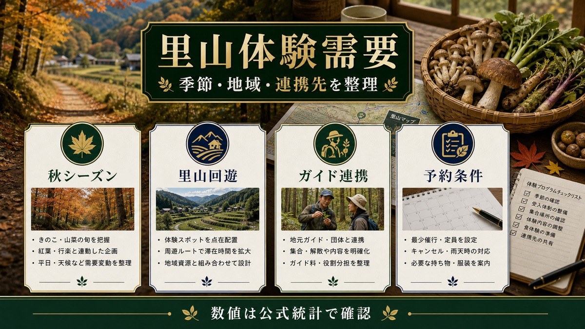 里山体験需要を秋シーズン、里山回遊、ガイド連携、予約条件で整理した図
