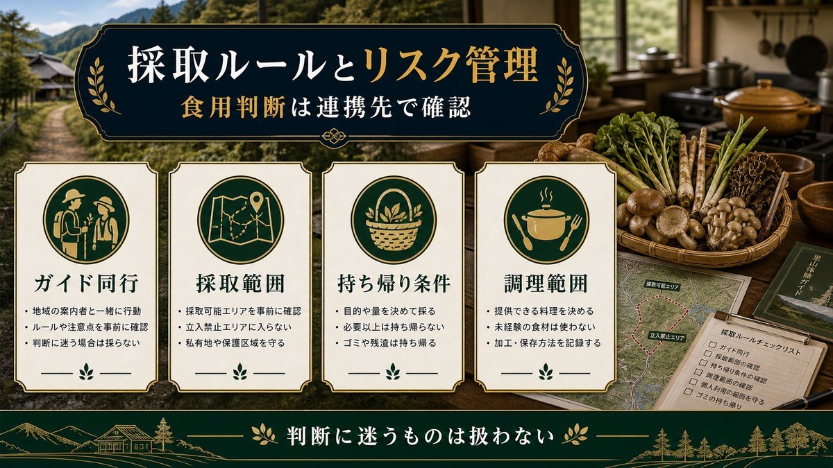 採取ルールとリスク管理をガイド同行、採取範囲、持ち帰り条件、調理範囲で整理した図