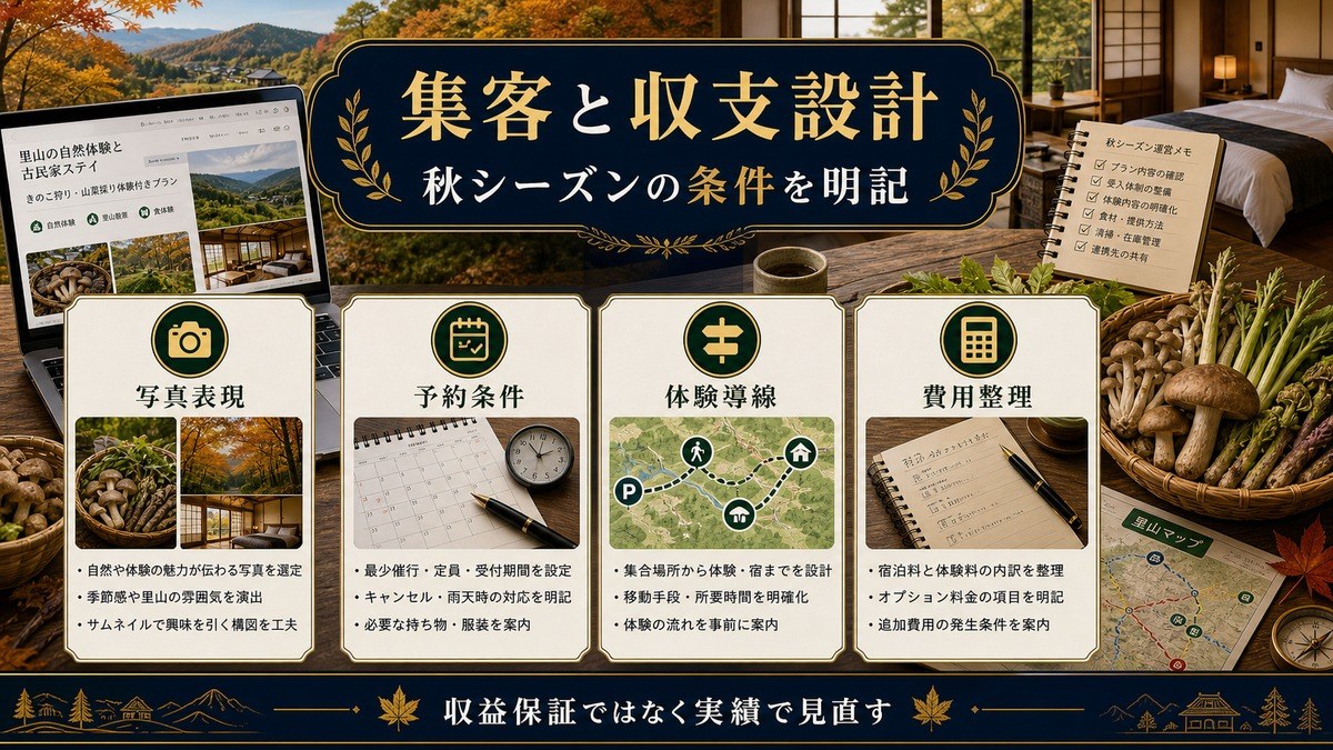 きのこ狩り・山菜採り対応民泊の集客と収支設計を写真表現、予約条件、体験導線、費用整理で示した図