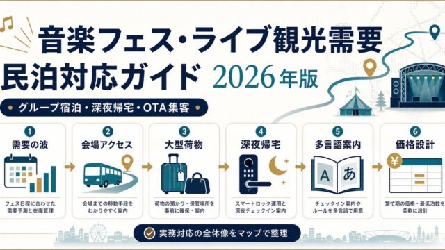 音楽フェスティバルとライブ観光需要に対応する民泊のグループ宿泊、深夜帰宅、OTA集客、価格設計をまとめたアイキャッチ画像