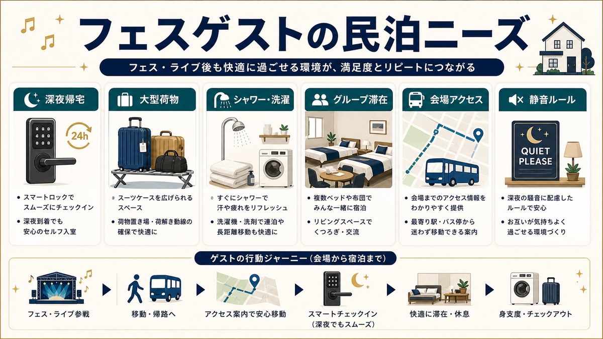 フェスゲストの民泊ニーズを深夜帰宅、大型荷物、シャワーと洗濯、グループ滞在、会場アクセス、静音ルールで整理した図解